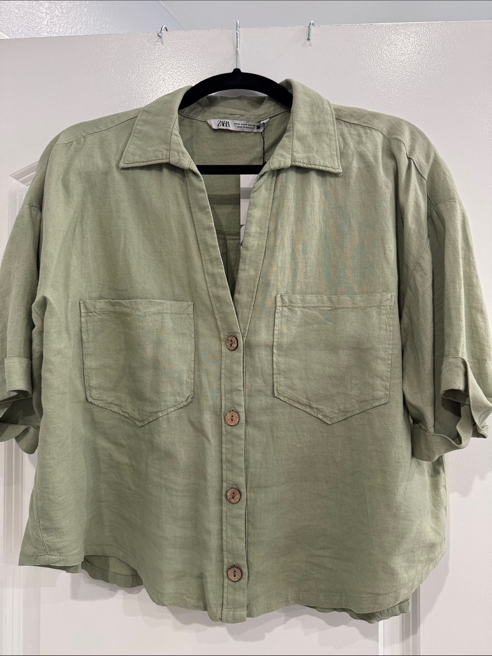 Zara Sage Green Boxy Button-Front Shirt